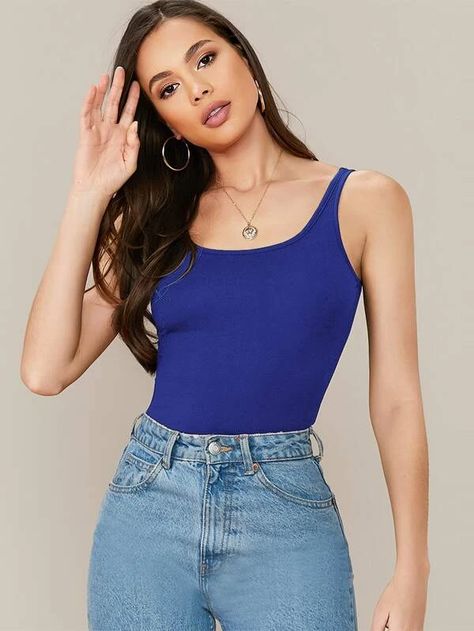 Blue Tank Top Outfit, Royal Blue Outfits, Navy Blue Tank Top, Solid Tank Tops, Tank Top Outfits, Women Tank Tops, Blue Tank Top, Shorts Jeans, Outfits Ideas