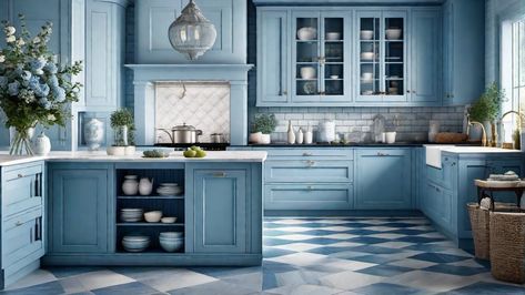 Tiffany Blue Kitchen, Teal Kitchen Cabinets, Blue Kitchen Designs, Asian Inspired Decor, Blue Kitchen Decor, Navy Kitchen, Teal Kitchen, Urban Loft, Geometric Tiles