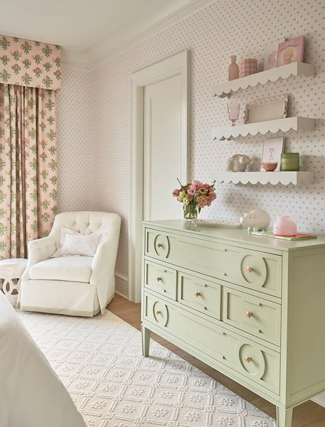 Best lake house: Blue and white beauty - Axios Charlotte Easter Nursery Decor, Pink Bedroom With Dark Wood Furniture, Pink Wallpaper Room Ideas, Julia Berolzheimer Nursery, Scalloped Shelves Nursery, Caitlin Wilson Nursery, Pepper Home Nursery, Feminine Nursery Ideas, Timeless Nursery Gender Neutral