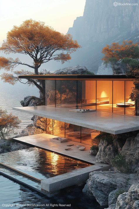 Floating Vista Style - Hillside Glass Villa Collection | AI Villa Check more at https://blockfine.com/floating-vista-style-hillside-glass-villa-collection-ai-villa Houses On The Water, Stick House, Modern Glass House, Water House, Concrete House, Modern Glass, Glass House, House Designs, House Designs Exterior