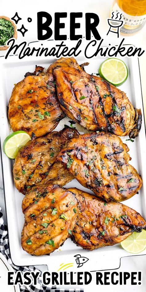 This beer marinated chicken has so much flavor from the simple marinade and is grilled to perfection for the perfect go-to recipe. Beer Grilled Chicken, Chicken Marinade With Beer, Marinated Chicken Thighs Grill, Whiskey Marinade, Best Chicken Marinade For The Grill, Bbq Chicken Marinade For The Grill, Beer Chicken Marinade, Beer Marinated Chicken, Bbq Chicken Marinade