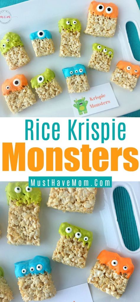 Monster Rice Krispie Treats, Monster Party Food, Party Food Signs, Halloween Rice Krispie Treats, Monster Treats, Pumpkin Halloween Costume, Halloween Treats For Kids, Halloween Dessert, Halloween Treats Easy