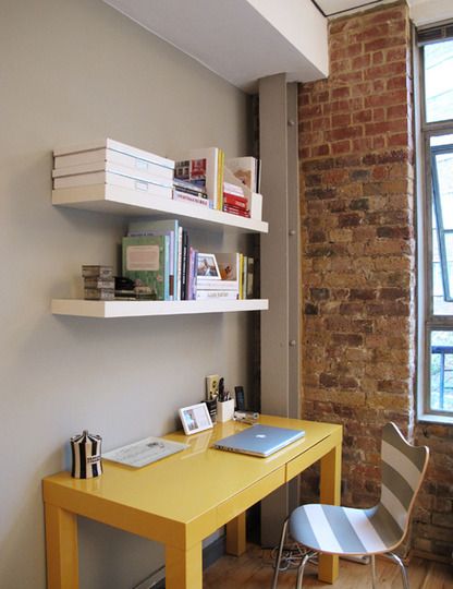 Floating Bookshelves Above Desk, Shelves Above Desk, Desk Shelving, Slanted Ceiling Bedroom, Simple Shelves, Parsons Desk, Yellow Office, Yellow Desk, Lawyer Office