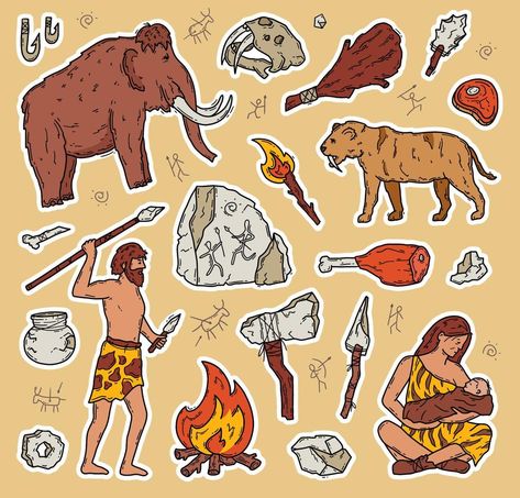 Infographics Layout, Stone Age People, Stone Age Man, Brown Cartoon, Painted Window Art, Stone Age Art, Prehistoric Age, Stone Age Tools, History Drawings