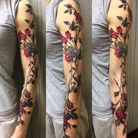 Rose Thorn Sleeve Tattoo, Roses And Vines Tattoo Sleeve, Rose Pattern Tattoo, Rose Thorn Vine Tattoo, Thorn Tattoo Sleeve, Thorn Sleeve Tattoo, Thorn Tattoo For Women, Large Arm Tattoos, Rose Vine Tattoo Arm