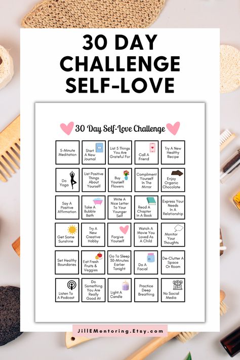 30 Day Self-Love Challenge PRINTABLE PDF in 3 sizes, US Letter, A4, A5 Pink Hearts - Instant Download. This simple one-page self-love challenge will get you moving towards a lifestyle where self-love becomes a priority. This is a fun way to encourage self-love behaviors. Select a challenge each day and mark off as you go. You will feel a sense of accomplishment when the 30 day challenge is completed. Enjoy a refreshed version of you. Schedule Self Care, Self Love Challenge, Challenge 30 Day, Hearts Printable, Self Care Challenge, Zero Wallpaper, Friends List, Heart Printable, Day Schedule