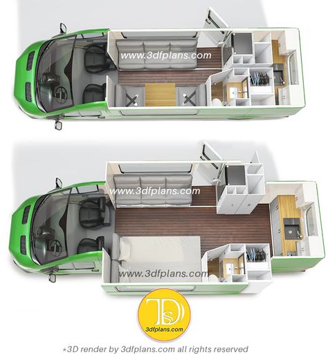 Ford Transit Custom Motorhome 3D Design • 3D Floor Plans Motorhome Layout, Van Layout, Sliding Walls, Folding House, Motorhome Interior, Camper Diy, Custom Camper Vans, Ford Transit Camper, Tiny House Camper