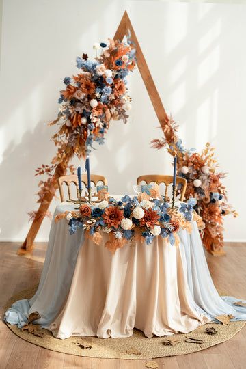 Fall Wedding Colors Decorations, Terracotta And Navy Wedding Cake, End Of Summer Wedding Ideas, Dusty Blue And Terracotta Wedding Theme, Blue Cowboy Wedding, Burnt Orange And Navy Blue Wedding, Farm Wedding Reception, Flower Swag, Floral Swags