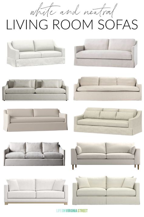 A curated collection of white and neutral sofas for your living room or family room! Includes linen sofas, cotton slipcovered couches, and more! Also includes brands like Crate & Barrel sofas, Pottery Barn couches, and more! Neutral Sofas, Olive Green Sofa, Pottery Barn Couch, Pottery Barn Sofa, Neutral Couch, Lake House Furniture, Transitional Sofa, Pottery Barn Living Room, Brown Couch Living Room