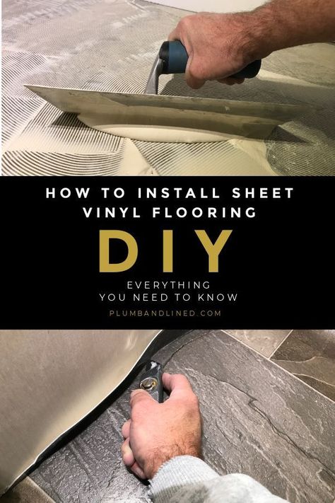 Installing a new sheet vinyl floor in a bathroom is one of the easiest ways to update the look of your home. #howto #diyvinyl #diyflooring #howtoinstall How To Install Vinyl Sheet Flooring, Vinyl Sheet Flooring Bathroom, Vinyl Flooring Diy, Vinyl Roll Flooring, Diy Vinyl Flooring, Laying Vinyl Flooring, Roll Vinyl Flooring, Vinyl Flooring Rolls, Diy Everything