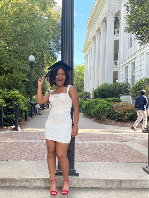 graduation picture in white dress and red heels in front of uga’s arch White Dress Colored Heels, Red Heels White Dress, Dress With Red Heels, Spring Recruitment, Graduation Look, White Dresses Graduation, Grad Pic, Graduation Picture, Colorful Heels