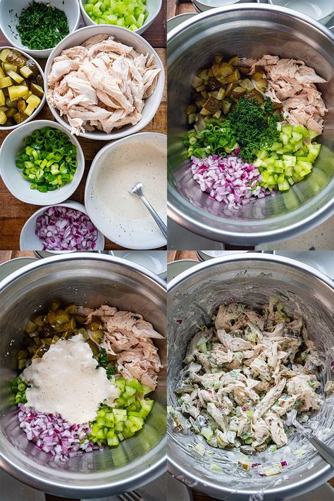 Chicken Salad Pickles, Pesto Chicken Salad Recipe, Dill Pickle Chicken Salad, Single Serve Chocolate Chip Cookie, Pickle Chicken Salad, Dill Pickle Chicken, Creamy Chicken Salad, Shredded Chicken Salads, Pickle Chicken