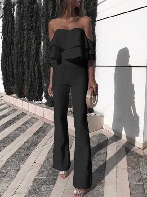 Stylish Solid Ruffled Off Shoulder Jumpsuit Black And White Jumpsuit, Fab Dress, Solid Color Jumpsuits, Ruffle Jumpsuit, Ruffle Bodysuit, Jumpsuit Elegant, Lace Jumpsuit, Jumpsuit Outfit, Jumpsuits And Romper