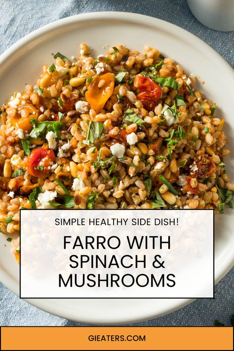 Have you heard of Farro!? It's a less familiar whole-grain type of wheat with a nutty flavor and chewy texture. This recipe is a flavorful side dish your little ones are sure to enjoy. Farro Crockpot Recipes, Farro And Spinach Recipes, Farro Risotto Recipes, Whole Grain Side Dishes, Farro Breakfast Recipes, Grain Side Dishes, Baked Farro, Farro Bowls, Mushroom Farro