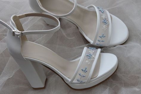 Quince Platform Heels, Wedding Shoes With Platform, Cinderella Prom Shoes, White Heels With Blue Flowers, Heels To Go With Blue Dress, White Heels Small Heel, Navy Blue Dress With White Heels, Something Blue Wedding Shoe, Blue Heels With Pearls