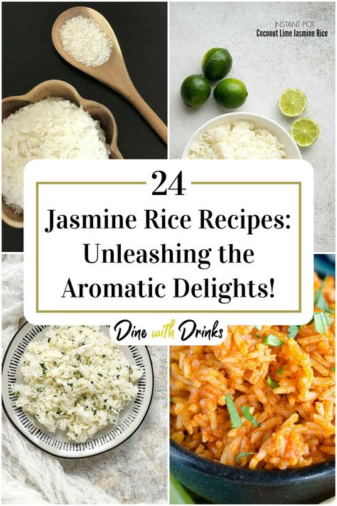 Collage of 4 jasmine rice recipes. How To Season Jasmine Rice, How To Flavor Jasmine Rice, Recipes For Jasmine Rice, Mexican Rice With Jasmine Rice, Jasmine Rice Recipes For Fish, Jazmin Rice Recipe, Seasoned Jasmine Rice, Recipes With Jasmine Rice, Thai Rice Recipes