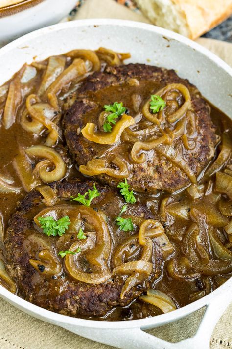 Hamburger Steak With Onions, Brown Gravy Recipe Easy, Cheeseburger Recipes Homemade, Feta Burgers, Steak With Onions, Steak Gravy, Hamburger Steak Recipes, Brown Gravy Recipe, Hamburger Steak And Gravy