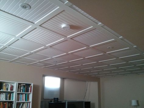 Beadboard Drop Ceiling, Faux Beadboard, Basement Remodel Ceiling, Diy Drop Ceiling, Drop Ceiling Basement, Drop Ceiling Panels, Decorative Ceiling Panels, Suspended Ceiling Tiles, Antique Tin Ceiling Tile