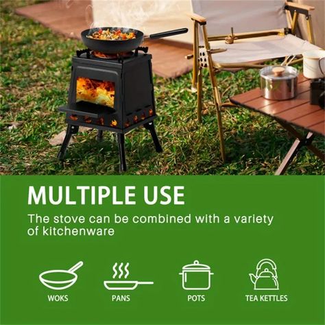 Wood Camping Stove - Temu Camp Stove Cooking, Wood Burning Camp Stove, Survival Stove, Small Wood Burning Stove, Camping Wood Stove, Stove Black, Garden Picnic, Campfire Cooking, Camping Stove