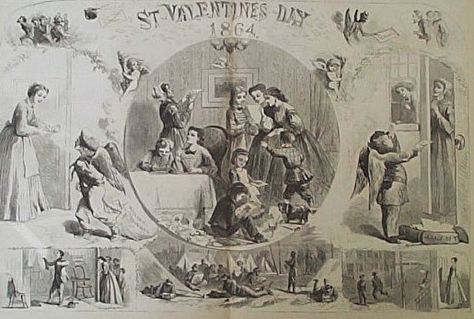 St. Valentine's Day, c.1864 - Harper's Weekly Illustration - American Civil War - Vignettes of; Confederate & Union soldiers, wives of soldiers receiving Valentine greeting cards from Cupid, who is dressed as a soldier, and a sketch of Confederate President Jefferson Davis. ~ {cwl} ~ (Image: Prints old and rare) Culture Poster, Dirty Valentine, Valentine History, Valentines Day History, Valentines Day Poster, Vintage Newspaper, Valentine's Day Quotes, History Pictures, Saint Valentine