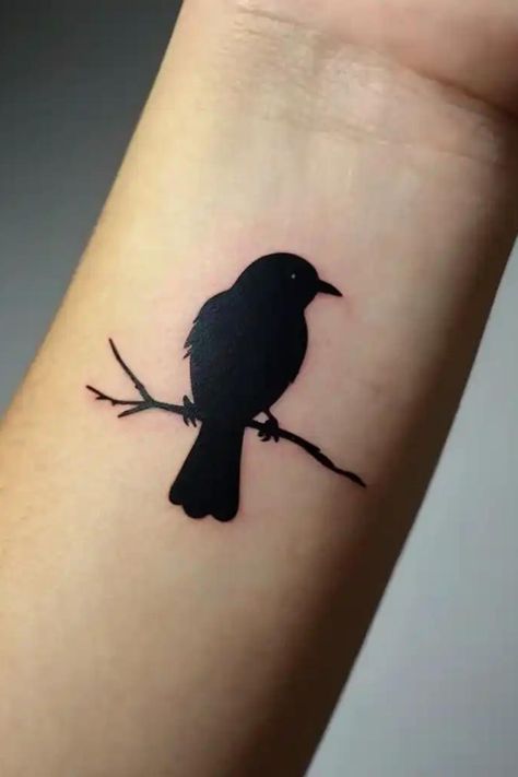 Dainty Small Tattoos Tiny Raven Tattoo Simple, Black Phoebe Bird Tattoo, Small Blackbird Tattoo, Black Bird Tattoos For Women, Small Raven Tattoos For Women, Simple Crow Tattoo, Black Birds Tattoo, Small Raven Tattoo, Small Crow Tattoo