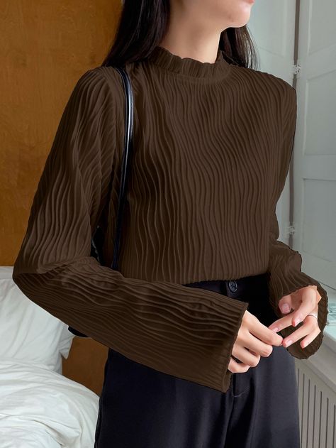 Coffee Brown Casual Collar Long Sleeve Fabric Plain  Embellished Non-Stretch  Women Tops, Blouses & Tee Brown Top Outfit, Spring Fashion Outfits Casual, Early 2000 Fashion, Adrette Outfits, Brown Blouse, Chic Fall Outfits, Fashion Trends Winter, Brown Outfit, Spring Fashion Outfits