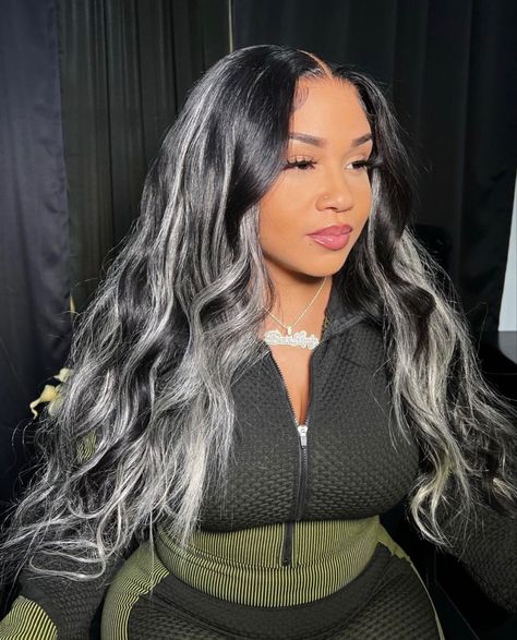 #highlights #storm #blackhairstyles #bigcurls #wandcurls #blackgirlmakeup #blackgirlhair #silverhair #greyhair #baddiestyle Black And Gray Wig, Black And Grey Wig, Black Hair With Silver Highlights, Black Hair With Grey Highlights, Black And Grey Hair, Silver Wigs, Lace Texture, Grey Highlights, Black Highlights