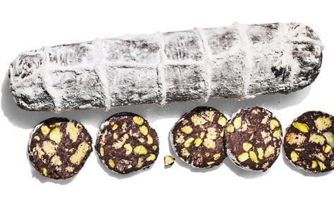 Chocolate Salami Salami Cookies, Chocolate Salami Recipe, Salami Recipe, Dessert Platters, Pistachio Syrup, Chocolate Salami, Salami Recipes, Vegan Pastry, Nancy Silverton