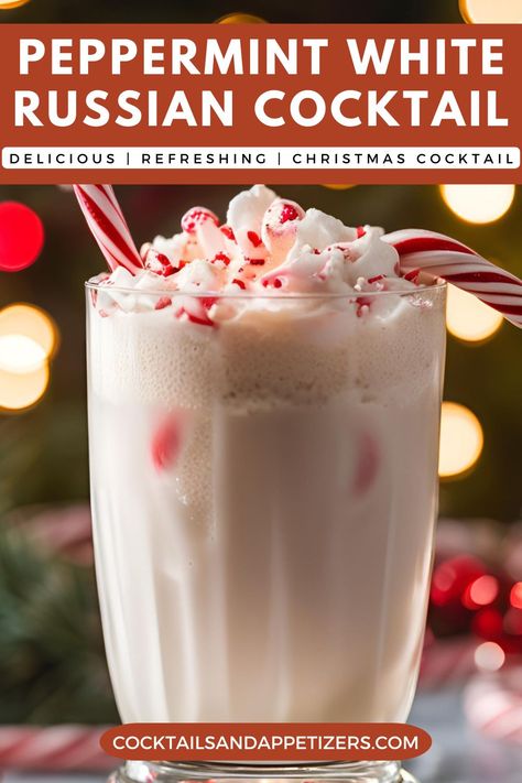 This creamy White Russian with Kahlua is a delicious Christmas cocktail. Add holiday cheer with this boozy festive drink. Easy classic cocktail to enjoy at winter parties, apres ski mixed drink. It's great as a hot summer drink too! Christmas Kahlua Drinks, Peppermint White Russian, Kahlua Drinks, Crown Royal Drinks, Peppermint Schnapps, White Russian Cocktail, Peppermint White, Peach Lemonade, Recipes For Entertaining