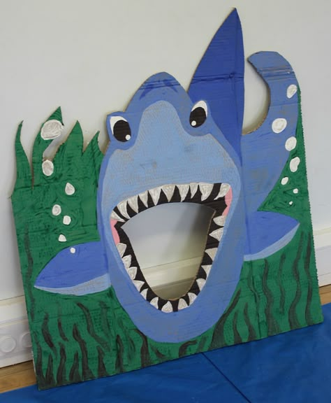 Photo booth fun at our Mess Around Birhday Parties Shark Photo Booth, Under The Sea Crafts, Under The Sea Decorations, Shark Themed Birthday Party, Anniversaire Diy, Shark Birthday Party, Sea Birthday Party, Sea Decor, Under The Sea Theme