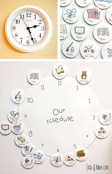 Free Printable helps young children understand the concept of time, become familiar with a hand clock, and a basic schedule.  If you have your child help you set the schedule for the next day, it begins to hold them accountable and helps slow the arguing when it is time for chores, bed, or other undesirable activities! Freetime Activities, Concept Of Time, Visual Schedules, Kids Schedule, Pointing Hand, Clock For Kids, Diy Clock, Telling Time, A Collage