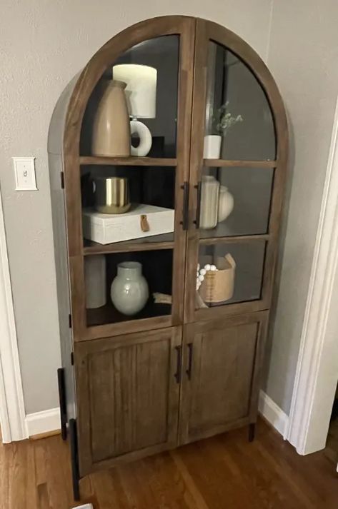 Arch Buffet Cabinet, Den Living Room Ideas, Arched Cabinet Living Room, Antique China Cabinet Display, Arched China Cabinet, Arch Display Cabinet, Walnut Cabinets Kitchen, Arched Display Cabinet, Wine Cabinet Decor