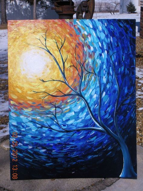 20 Oil And Acrylic Painting Ideas For Enthusiastic Beginners #OilPaintingOnCanvas Sun Painting, Soyut Sanat Tabloları, Wow Art, Blue Painting, Impressionist Art, Beginner Painting, Acrylic Canvas, Tree Art, Tree Painting