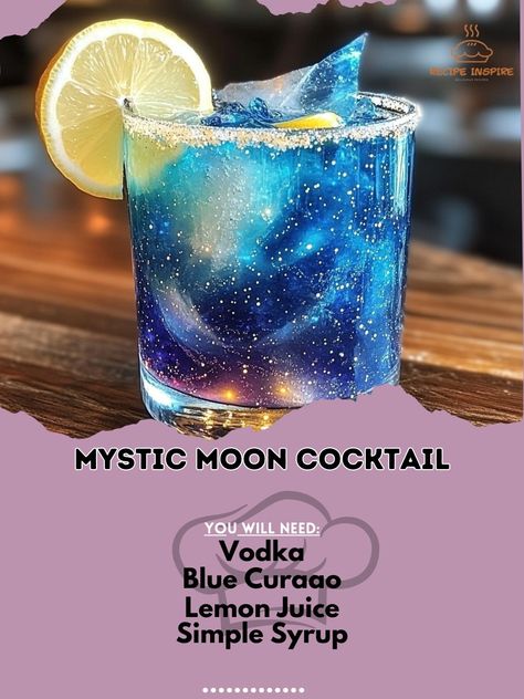 1. Unleash your inner mixologist with our captivating Mystic Moon Cocktail! ✨🌙 2. Mystic Moon Cocktail 3. Ingredients: - Vodka (2 oz) - Blue Curaçao (1 oz) - Lemon Juice (1 oz) - Simple Syrup (0.5 oz) - Soda Water (to top) - Lemon Slice (for garnish) - Edible Glitter (optional) 4. Instructions: - Fill a shaker with ice. - Add vodka, blue curaçao, lemon juice, and simple syrup. - Shake well until chilled. - Strain into a glass filled with ice. - Top with soda water and stir gently. - Garnish... Russian Blue Moon Drink, Celestial Cocktails, Moon Cocktail, Vodka Blue, Cake Vodka, Mystic Moon, Themed Drinks, Soda Water, Blue Curacao