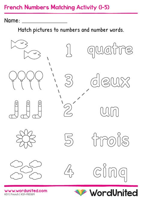 Using this matching activity worksheet, children can build their knowledge of numbers 1-5 in French. Includes answer sheet. Supports the following areas of learning within Key Stage 2: Languages. French Kindergarten Worksheets, French Worksheets For Kindergarten, French Alphabet Worksheets, French Activities For Preschoolers, French Kindergarten Activities, French Numbers Worksheet, French Activities For Kids, French Worksheets For Kids, Spanish Numbers Worksheet