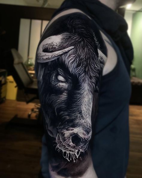 Ox Tattoo, Farm Tattoo, Taurus Bull Tattoos, Bull Pictures, Left Arm Tattoos, Taurus Art, Animal Sleeve Tattoo, 2 Tattoo, Taurus Bull