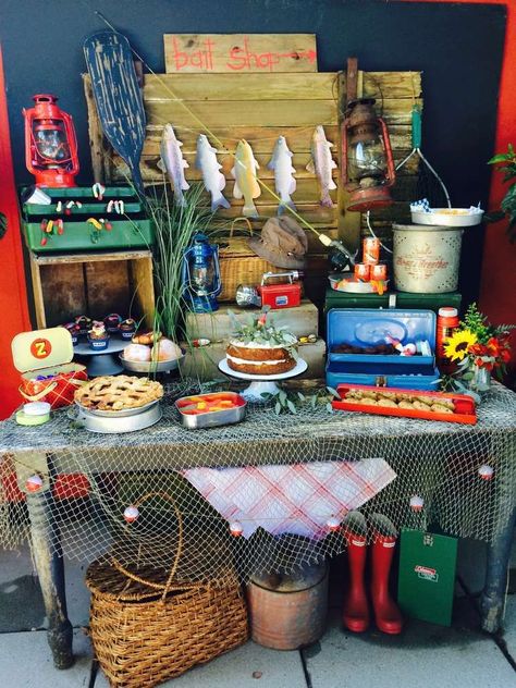 Awesome dessert table at a fishing Father's Day party! See more party planning ideas at CatchMyParty.com! Gone Fishing Party, Fishing Theme Party, Fishing Themed Birthday Party, Father's Day Party, Baby Shower Fishing, Party Cake Table, Lake Party, Day Party Ideas, Fishing Birthday Party