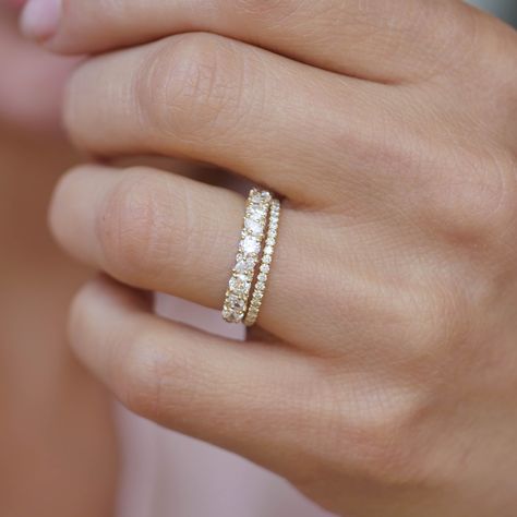 Band Style Engagement Ring, Simple Wedding Band Stack, Women Gold Wedding Band, Wedding Band Combinations, Simple Engagement Bands For Women, Diamond Band Rings Women, Women’s Gold Wedding Band, Ring Stack Mixed Metal, Wedding Rings Simple Gold