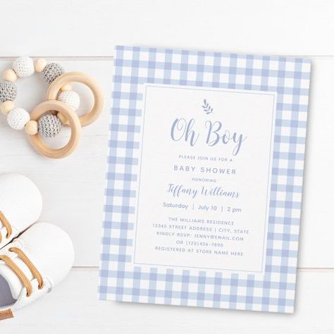 $2.42 | Elegant Blue Gingham Plaid Cute Oh Boy Baby Shower | Baby Shower Invitations | boy baby shower, pastel blue gingham, vintage, elegant, minimalist, modern, oh boy, simple, baby blue plaid, foliage February Baby Shower Themes, February Baby Showers, Baby Boy Invitations, Blue Baby Shower Invitations, Elegant Baby Shower, Boy Baby Shower Themes, Elegant Baby, Blue Baby Shower, Boy Baby Shower