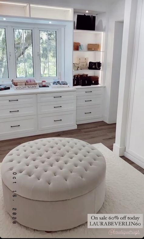 via laurabeverlin instagram Walk In Closet With Ottoman, Small Closet With Ottoman, Walk In Closet Seating, Walk In Closet Ottoman, Walk In Closet Chair, Bedroom Ottomans, Closet Ottoman, Bedroom Ottoman, Bedroom Redesign