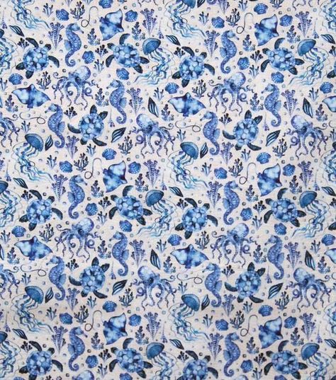 Blue Nautical Sea Life Premium Cotton Fabric | JOANN Blue Color Schemes, Joanns Fabric And Crafts, Nautical Theme, Intricate Design, Quilt Inspiration, Sea Creatures, Sea Life, Craft Stores, Beautiful Blue