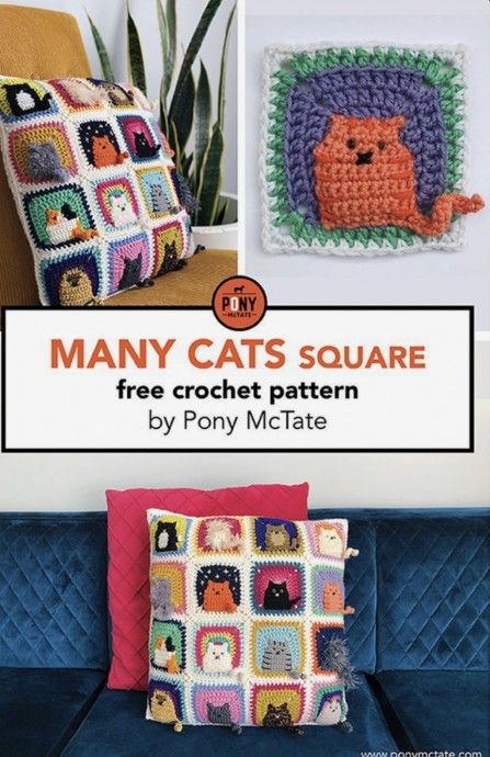 Super Cute Many Cats Square Kat Haken, Yarn Animals, Crochet Squares Afghan, Cat Crochet, Embroidered Stars, Crochet Cushion Cover, Crochet Cat Pattern, Crochet Terms, Crochet Cushions