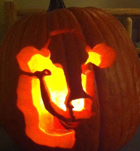 Cow Pumpkin I made for the Boyfriend. Pumkin Carving Ideas Western, Cow Carving Pumpkin, Pumpkin Carving With Boyfriend, Pumpkin Carving Cow, Cow Pumpkin Carving Ideas, Pumpkin Carving Ideas Cow, Country Pumpkin Carving Ideas, Cow Carved Pumpkin, Pumpkin Carving Farm Theme