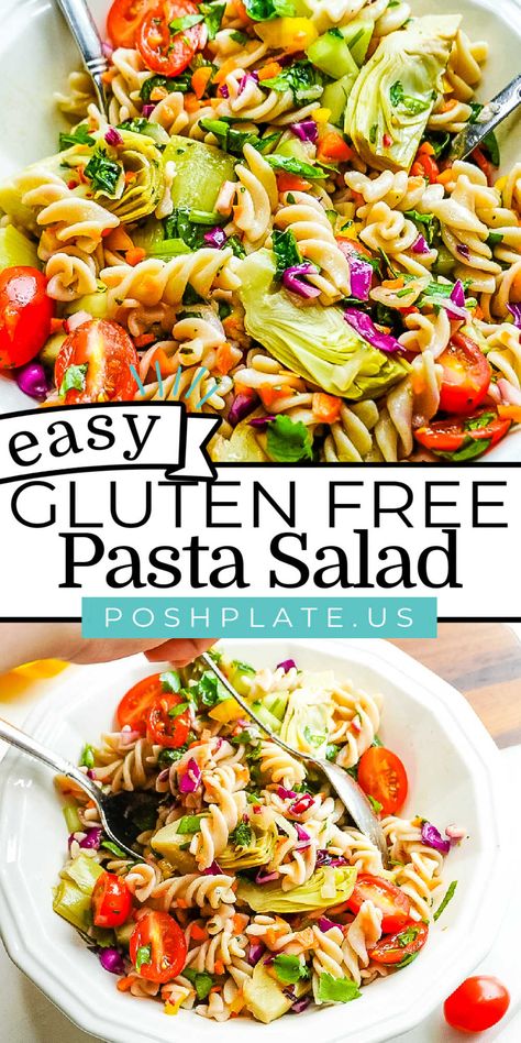 Bursting with a lemony herb dressing, this Gluten-free Pasta Salad with Artichoke is cold, refreshing, and a definite crowd-pleaser. This recipe can easily be made ahead of time and it’s as easy as tossing all of the ingredients into a bowl and mixing it. Gluten Free Pasta Salad Recipes, Gluten Free Pasta Salad, Plate Recipes, Herb Dressing, Dairy Free Pasta, Pasta Salad Dressing, Watermelon And Feta, Healthy Pasta, Cold Pasta Salad