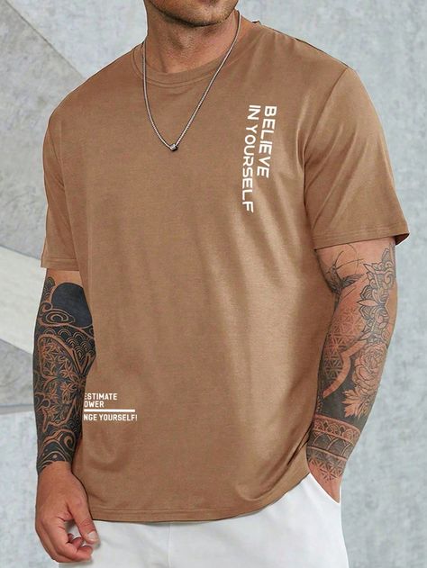 Brown Casual Collar Short Sleeve Fabric Slogan  Embellished Slight Stretch Summer Men Tops Male Graphic Tees, Shirt Outfit Men, Gym Workouts For Men, Classy Outfits Men, Mens Fashion Smart, Guys Clothing Styles, Men Plus Size, Tee Shirt Homme, Men Tops