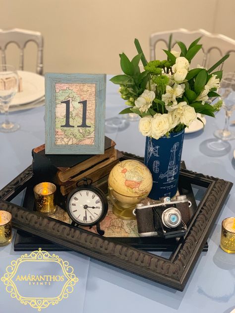 Travel Themed Table Centerpieces, History Themed Centerpieces, Travel Themed Centrepieces, Adventure Theme Centerpieces, Adventure Theme Wedding Centerpieces, Vintage Travel Centerpieces, Missions Banquet Centerpieces, Map Centerpiece Ideas, Travel Table Decor