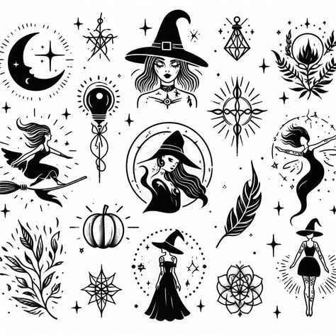 Witch Tattoo Flash Sheet, Witch Tattoo Filler, Tarot Card Inspired Tattoos, Mini Witch Tattoo, Agatha All Along Tattoo, Wicca Tattoo Ideas, Witch Tattoo Flash, Witch Tattoos For Women, Simple Witchy Tattoos