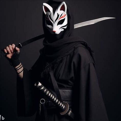 Kitsune Mask Reference, Cyberpunk Kitsune Mask, Holding Mask Pose, Black Oni Mask, Ninja Clothing, Samurai Fashion, Mask Photoshoot, Ninja Mask, Ninja Outfit