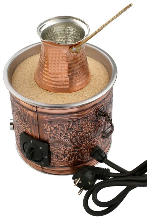 The copper sand coffee maker brews a perfect Turkish coffee Specification: ​ Material: Copper Package includes 1x Electric Copper Coated Coffee Maker Machine, 1x ( pack ) Sand, 1x Copper Coffee Pots, and 1x100gram Turkish Coffee as a gift. Color: Copper Dimensions: 16 cm x 16 cm x 18 cm 1X Adjustable heat thermostat knob ( 0- 120 C ) Power: 500 W, Voltage: 110V - 230V, US - EU - UK - AU PLUG, Rated frequency: 50 - 60 Hz. ​ 😃❤️ Sand Magic, Turkish Coffee Machine, Coffee Magic, Turkish Coffee Maker, Coffee Maker Machine, Turkish Coffee Set, Rattan Furniture Set, Coffee Bar Home, Coffee Experience