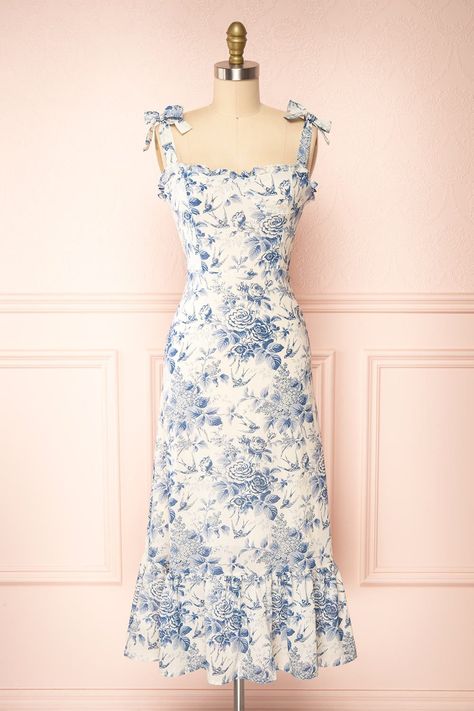 Floral Midi Dress Outfit, Straight Midi Dress, Dress With Tie Straps, Floral Satin Dress, Grey Blue Dress, White Satin Dress, White Floral Midi Dress, Blue Floral Midi Dress, Floral Ruffle Dress